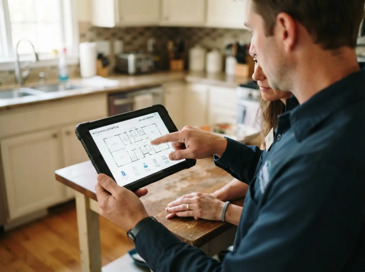 Water damage restoration technician inspecting a home in Hamburg, IL